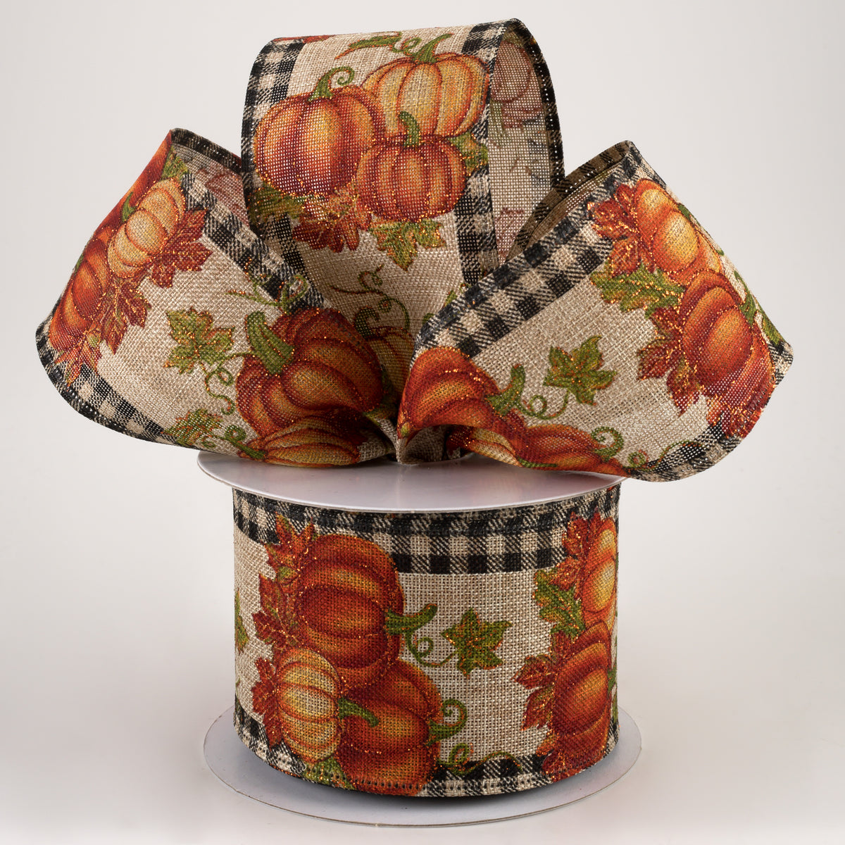 2.5" Gingham Edge Pumpkins Ribbon: Black on Natural (10 Yards) Lifestyle Photo