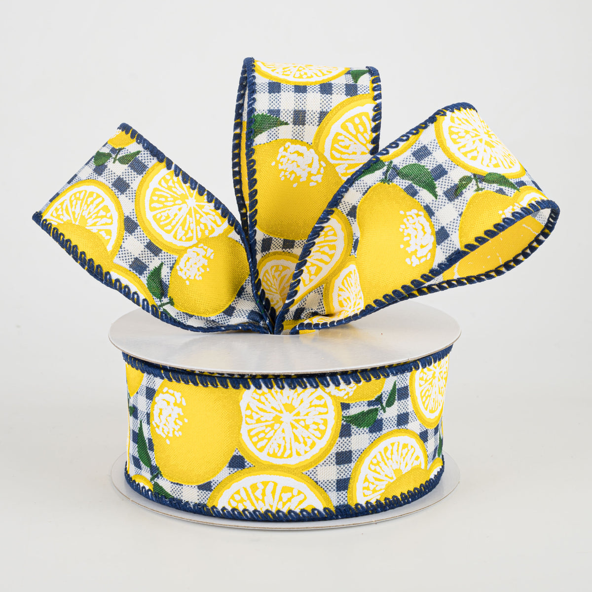 1.5" Gingham Lemons Ribbon: Navy Blue (10 Yards) Lifestyle Photo