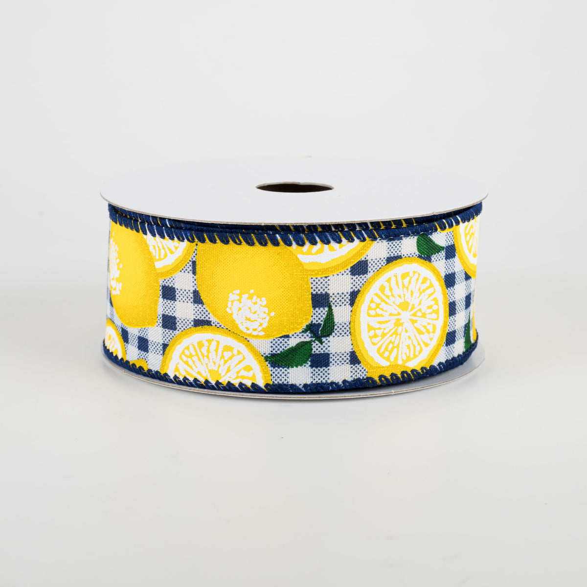 1.5" Gingham Lemons Ribbon: Navy Blue (10 Yards)