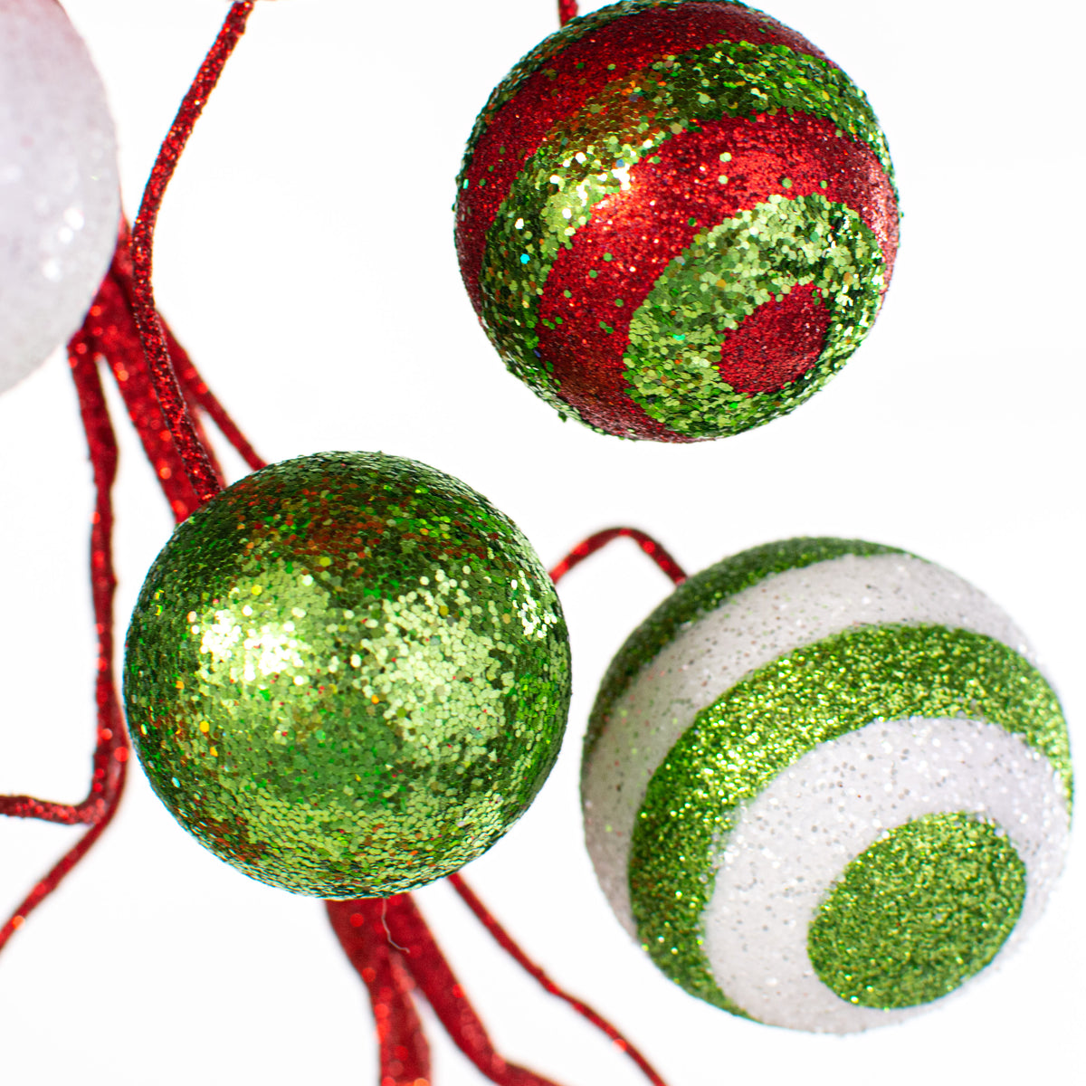 5' Glitter Ball Wired Garland: Red, Lime Green, White detail photo 3