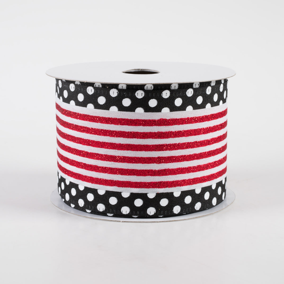 2.5" Glitter Cabana Stripe Dot Edge Ribbon: White, Red, Black (10 Yards)