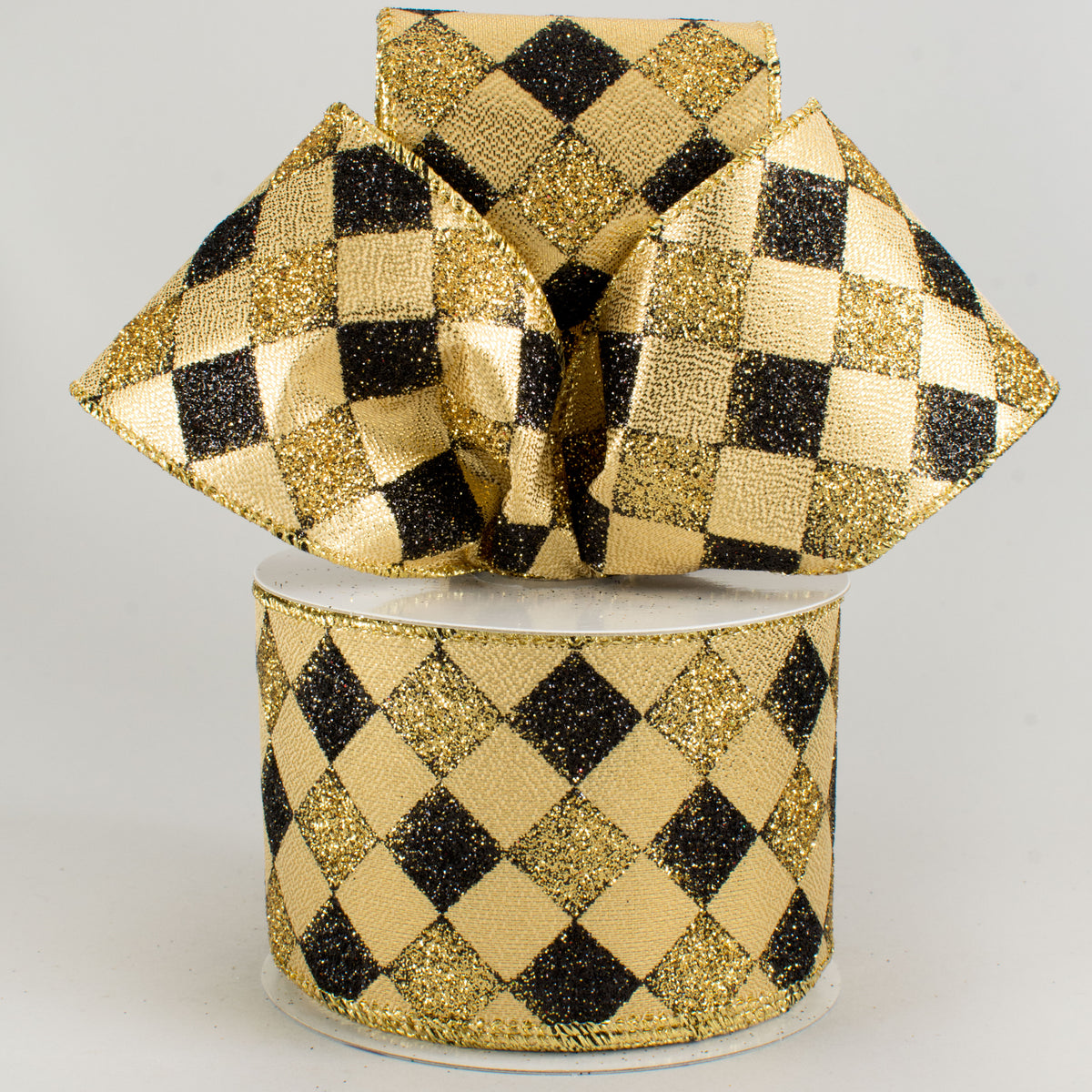 2.5" Glitter Diamond Check Ribbon: Black & Gold (10 Yards) Lifestyle Photo
