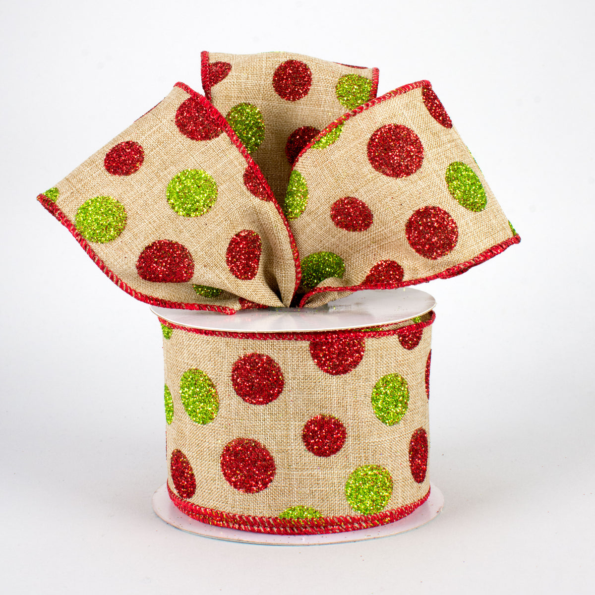 2.5" Glitter Dots Faux Canvas Ribbon: Lime & Red (10 Yards) Lifestyle Photo