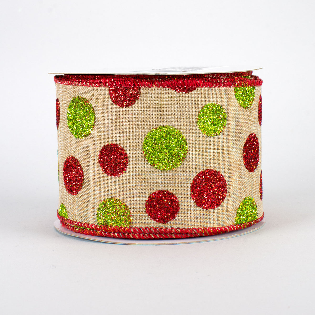 2.5" Glitter Dots Faux Canvas Ribbon: Lime & Red (10 Yards)