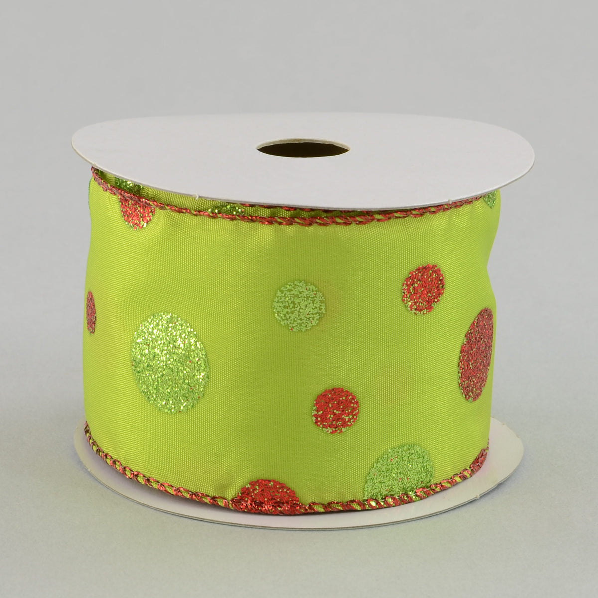 2.5" Glitter Dots Ribbon: Lime/Red (10 Yards)