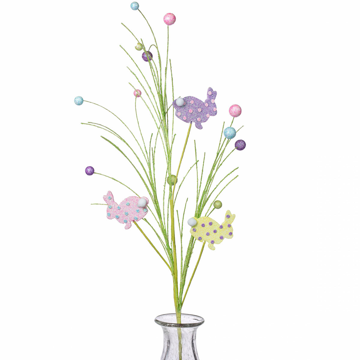 30" Glitter Easter Bunny Twig & Ball Spray: Lime Green Pastel Item Number: HE4111