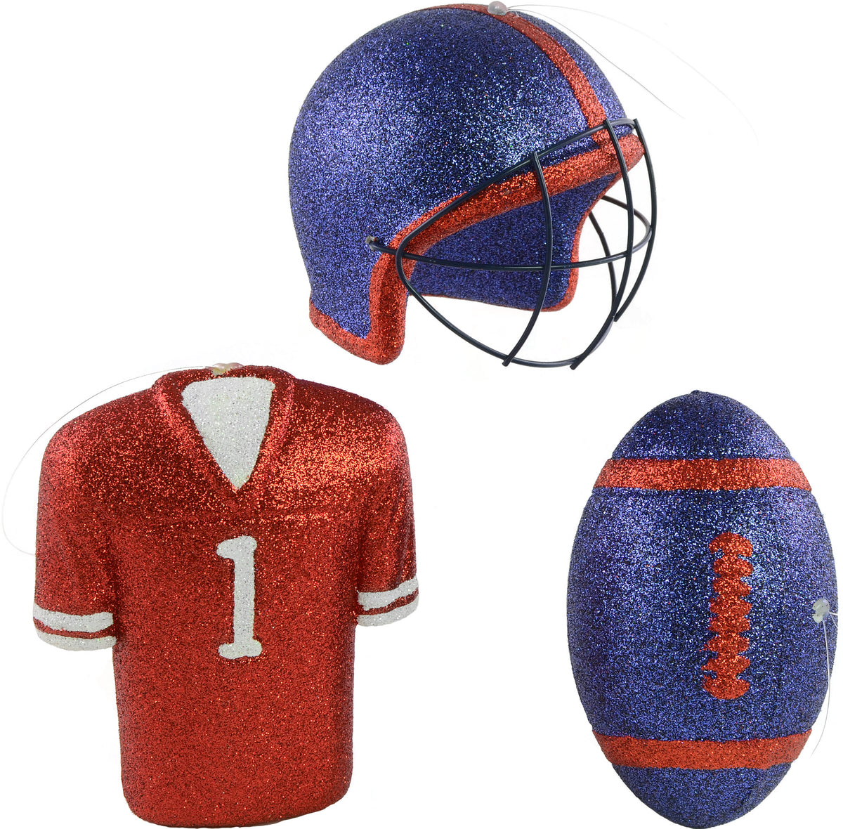 Glitter Football Ornament Assortment: Red & Navy Blue (Set of 3) Item Number: MS1301E7