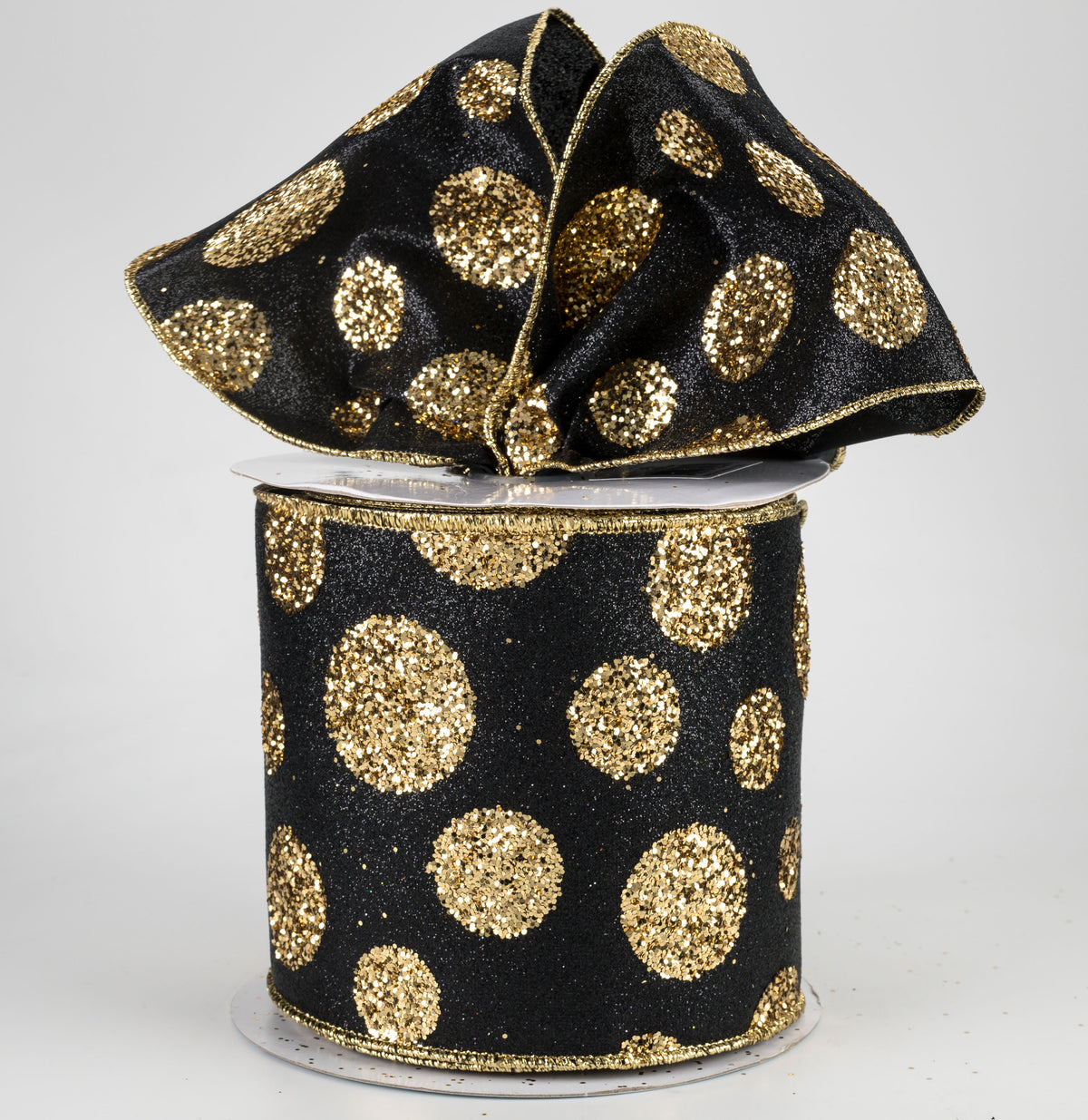4" Glitter Giant Polka Dot Ribbon: Black & Gold (10 Yards) Lifestyle Photo