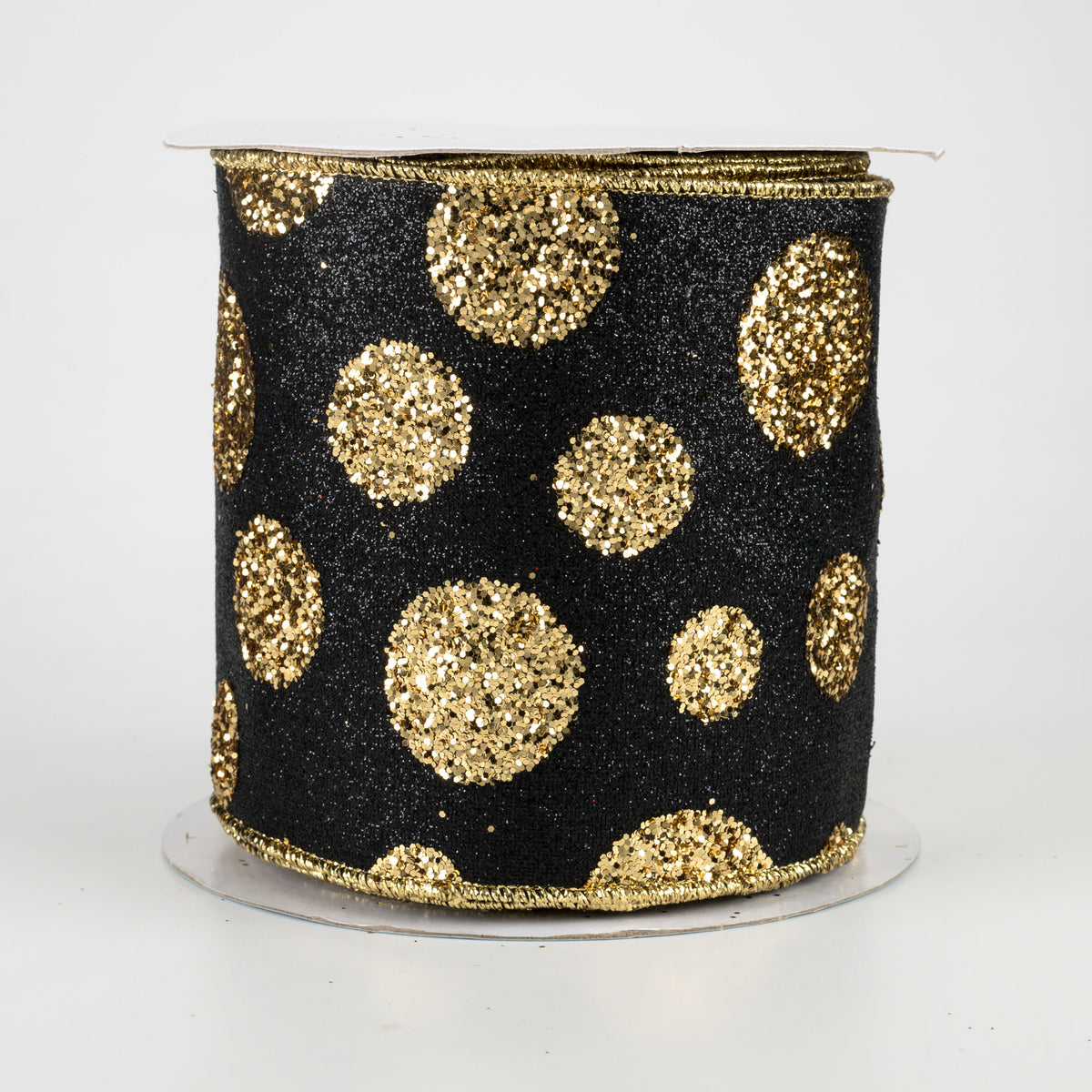 4" Glitter Giant Polka Dot Ribbon: Black & Gold (10 Yards)