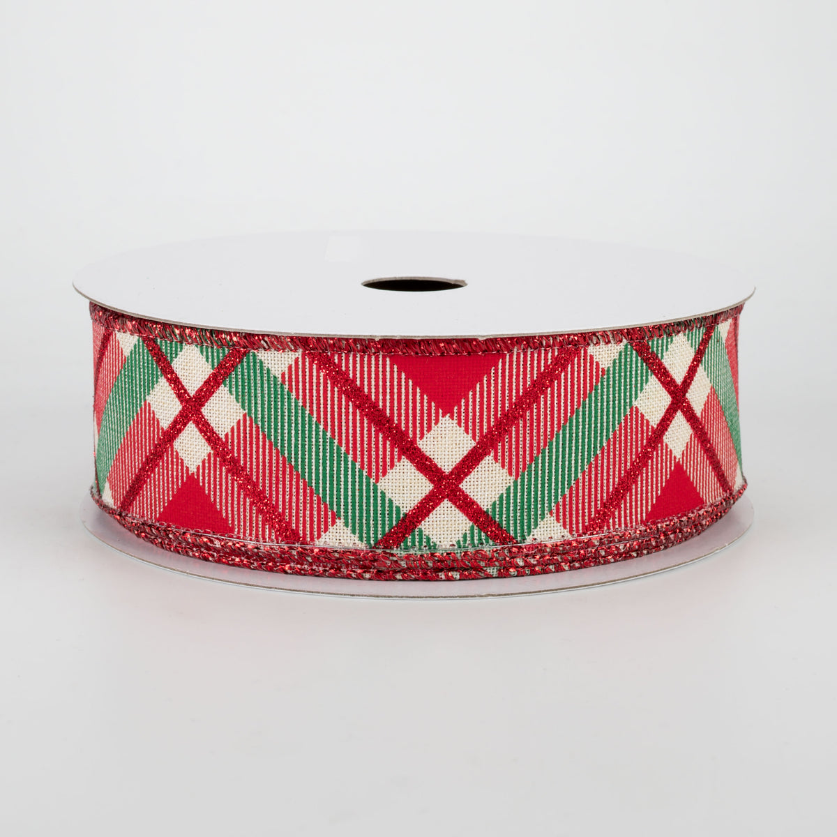 1.5" Glitter Plaid Ribbon: Cream, Red, Emerald (10 Yards)