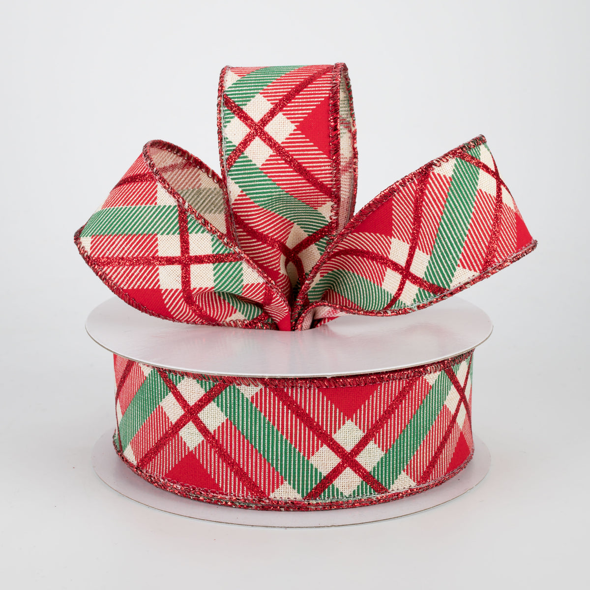 1.5" Glitter Plaid Ribbon: Cream, Red, Emerald (10 Yards) Lifestyle Photo
