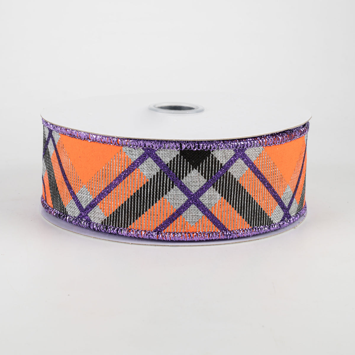 1.5" Glitter Plaid Ribbon: Light Grey, Purple, Orange (10 Yards)