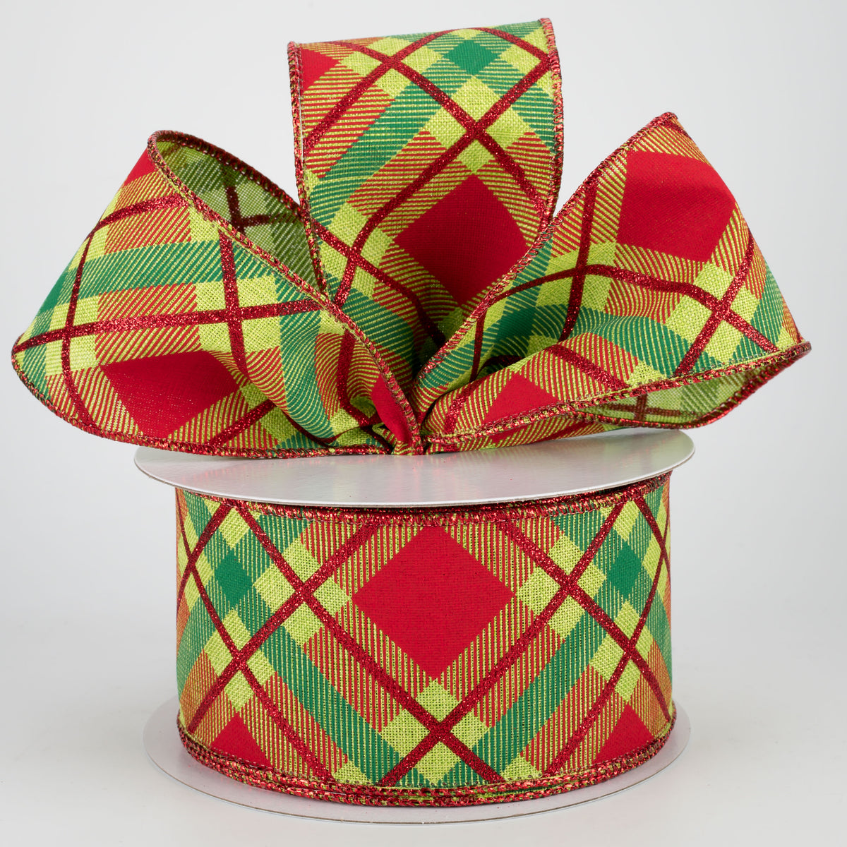 2.5" Glitter Plaid Ribbon: Lime, Red, Emerald (10 Yards) Lifestyle Photo