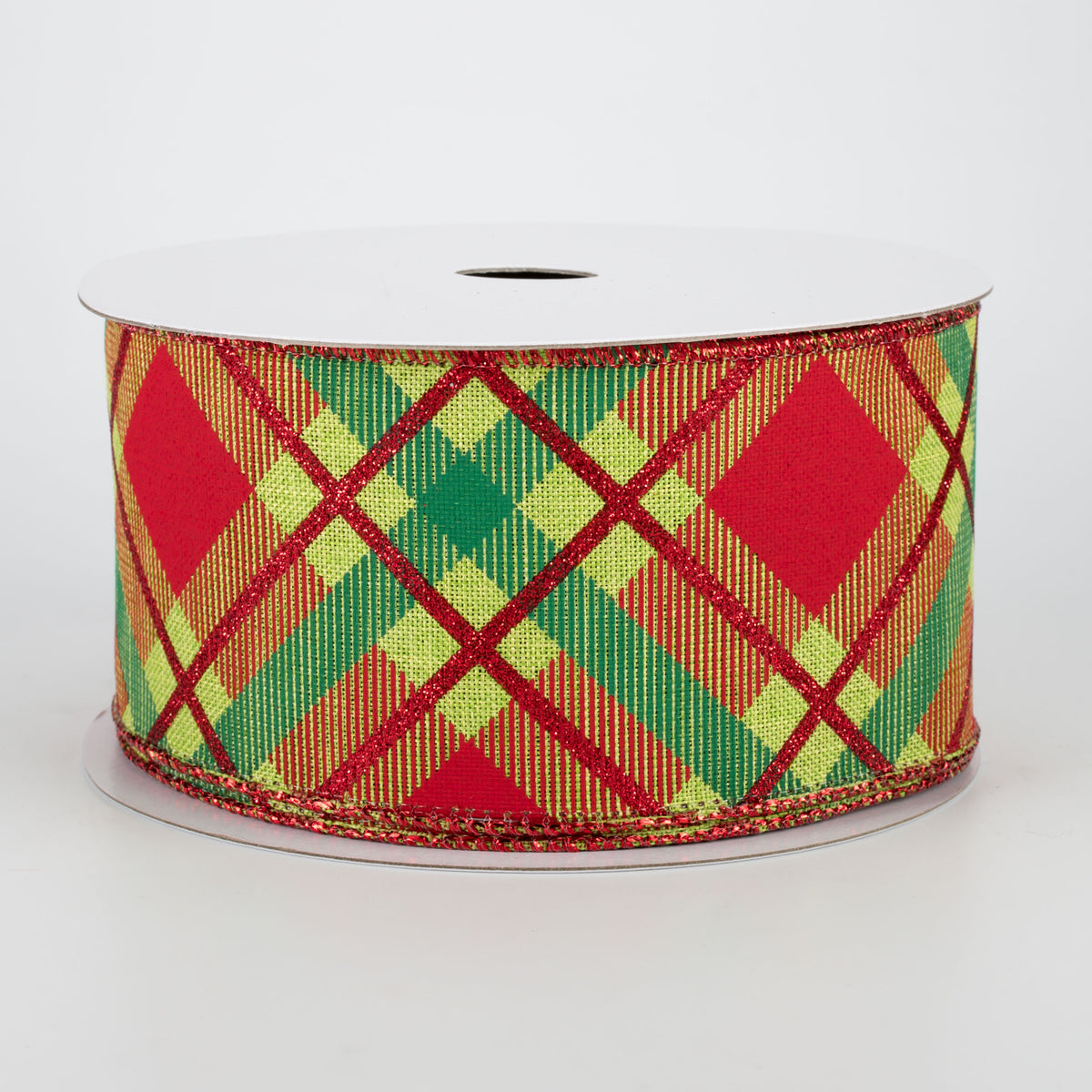 2.5" Glitter Plaid Ribbon: Lime, Red, Emerald (10 Yards)