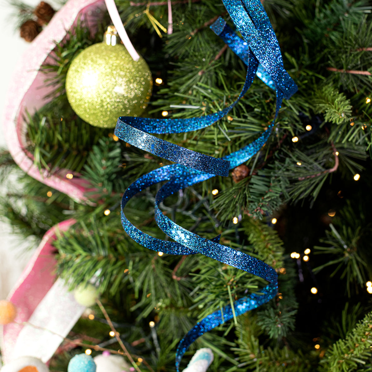 25" Glitter Spiral Ribbon Spray: Midnight Blue Lifestyle Photo
