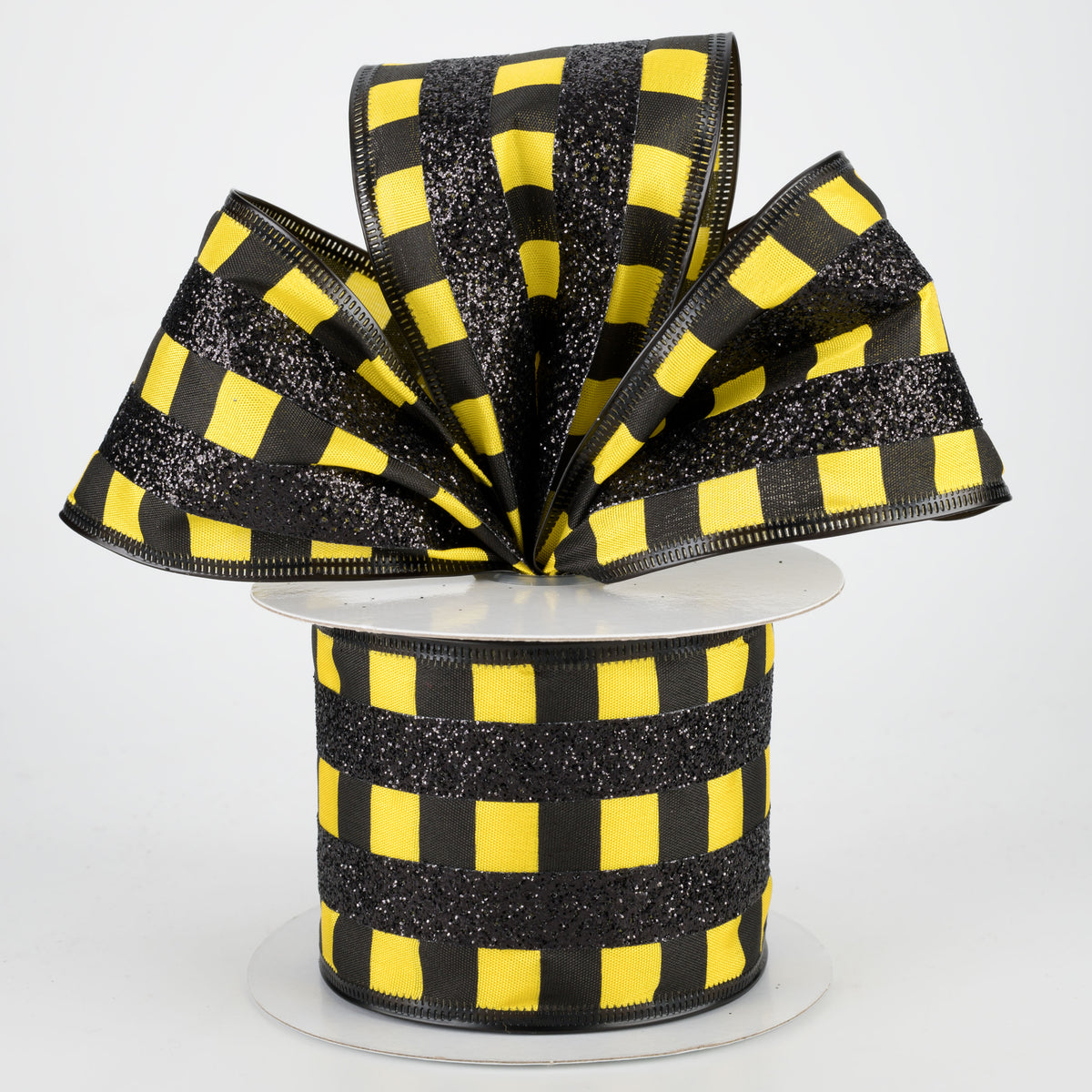 2.5" Glitter Stripes On Satin Ribbon: Black & Yellow (10 Yards) Lifestyle Photo