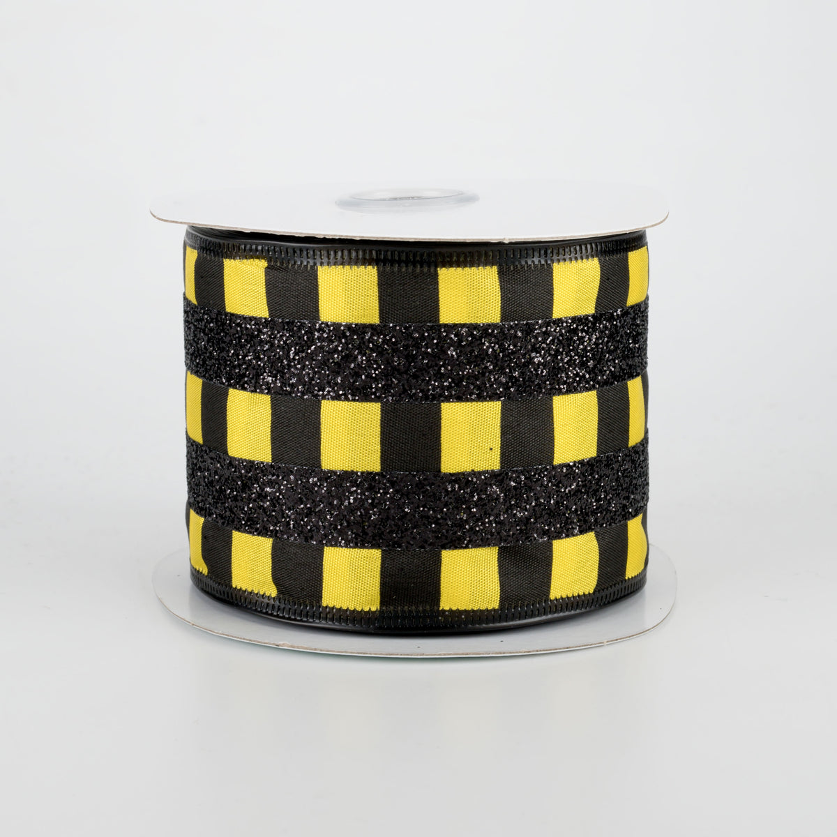 2.5" Glitter Stripes On Satin Ribbon: Black & Yellow (10 Yards)
