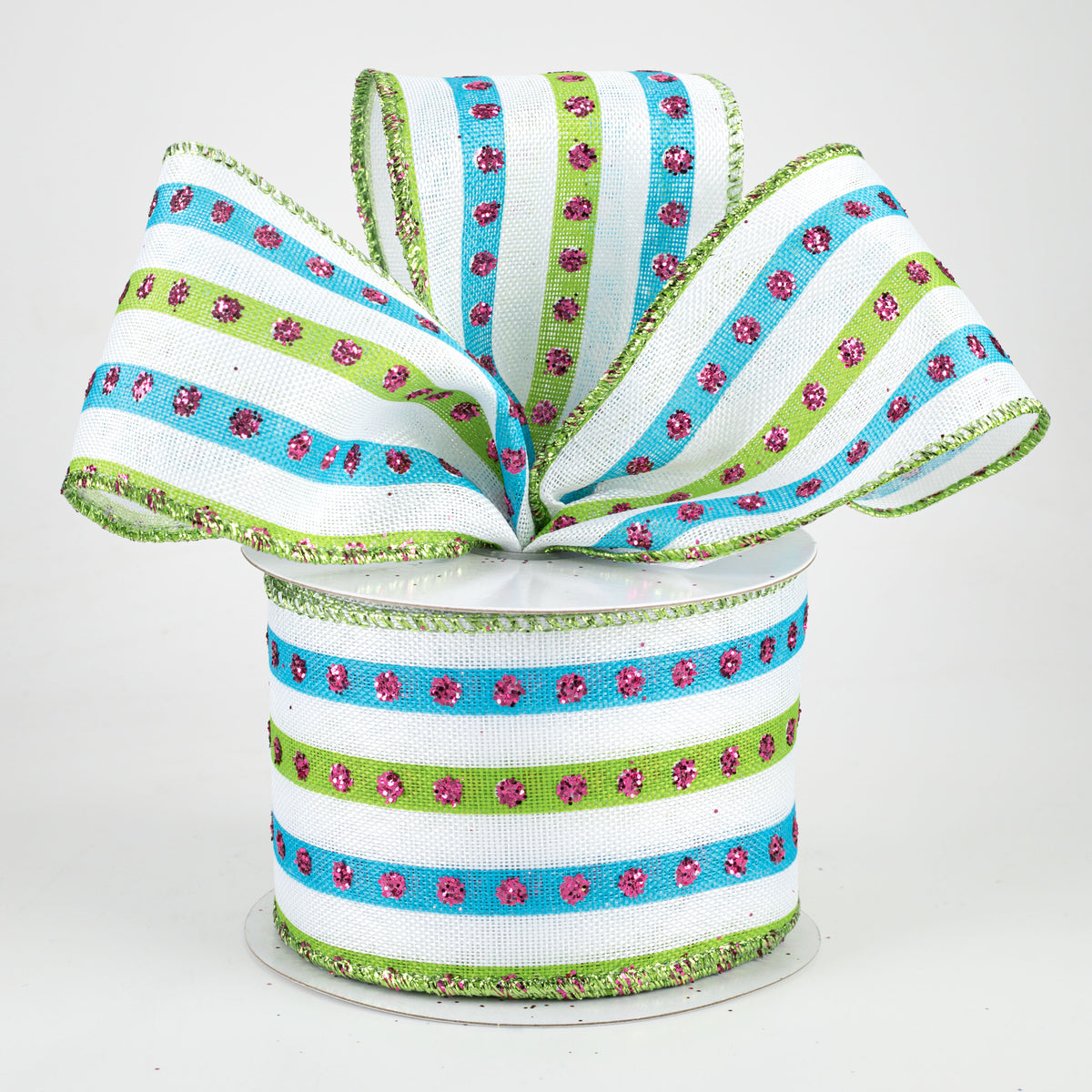2.5" Glitter Studded Stripe Ribbon: Teal & Lime (10 Yards) Lifestyle Photo