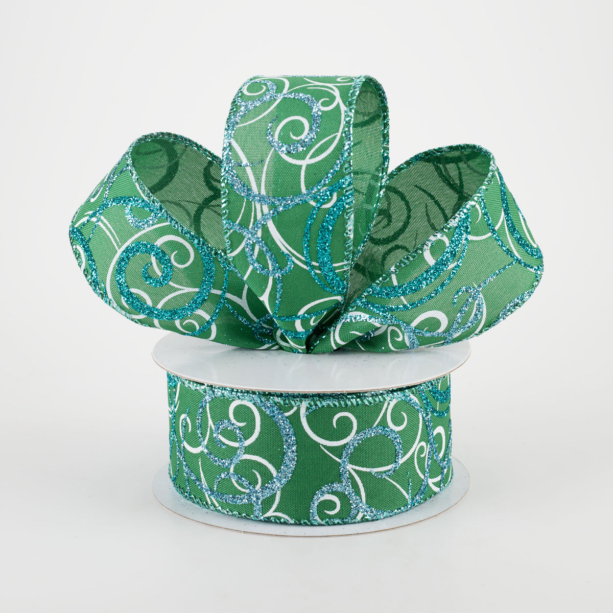 1.5" Glitter Swirls Ribbon: Green, White, Aqua, Blue (10 Yards) Lifestyle Photo