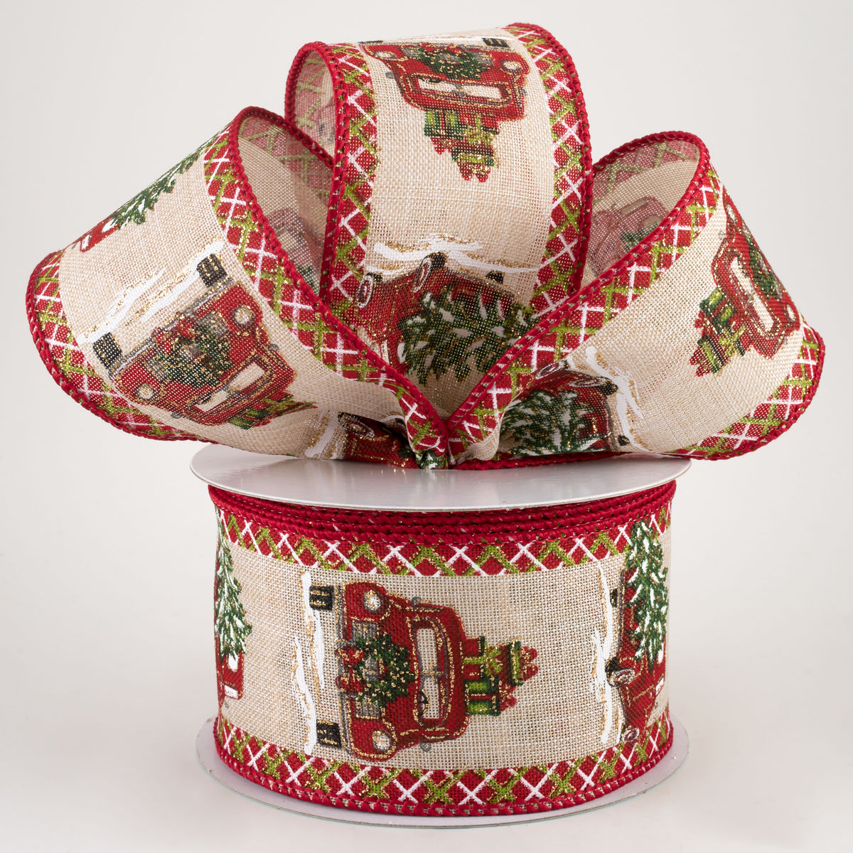 2.5" Glitter Truck, Tree, Presents Plaid Edge Ribbon (10 Yards) Lifestyle Photo