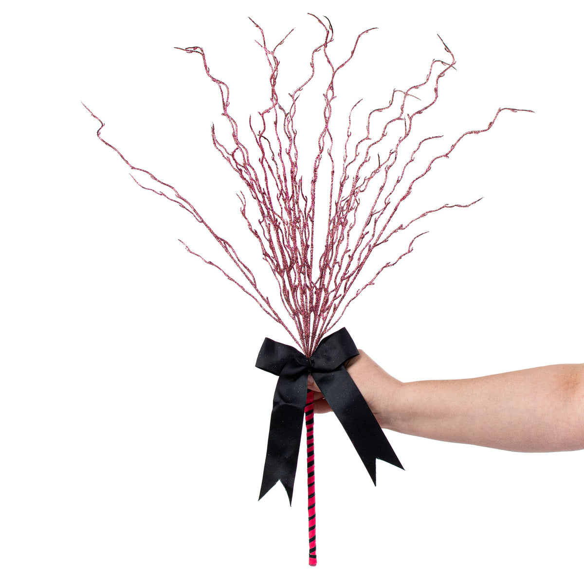 24" Glitter Twig Broom: Fuchsia & Black detail photo 3
