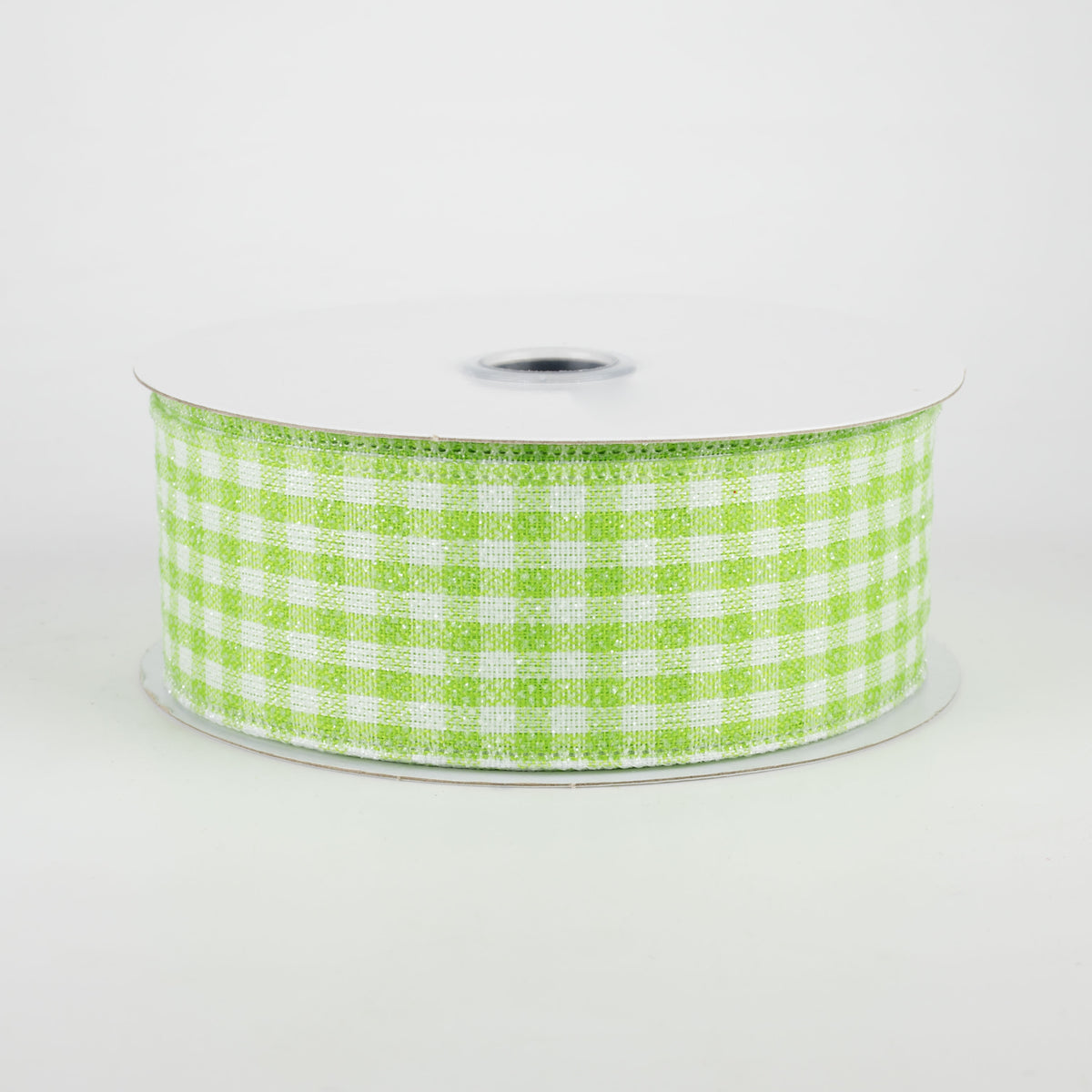 1.5" Glitter Woven Gingham Check Ribbon: Lime Green (10 Yards)
