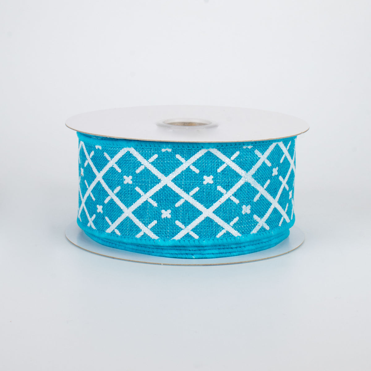 1.5" Glittered Argyle Ribbon: Turquoise & White (10 Yards)