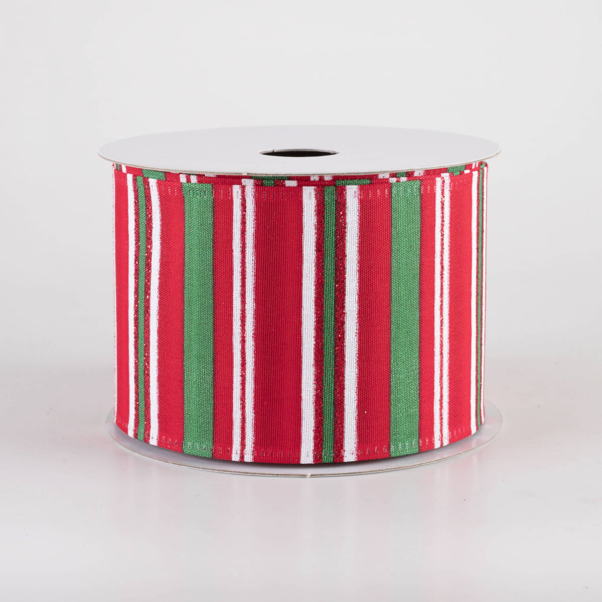 2.5" Glittered Candy Stripes Ribbon: Red, Emerald & White (10 Yards) Item Number: 76418-40-17