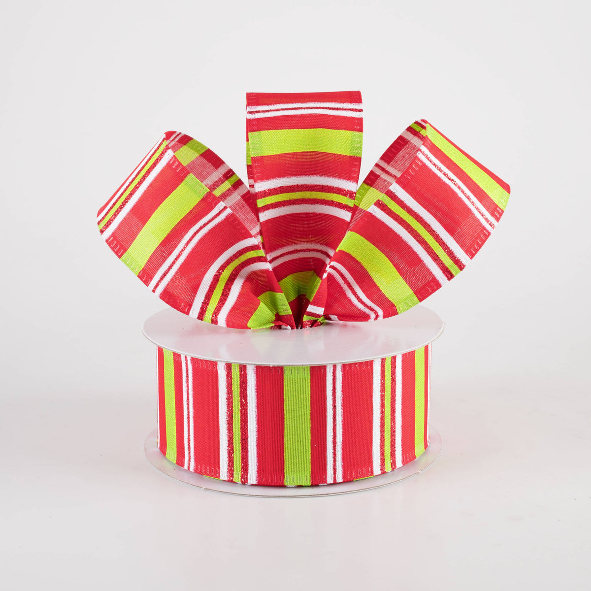 1.5" Glittered Candy Stripes Ribbon: Red, Lime & White (10 Yards) Lifestyle Photo