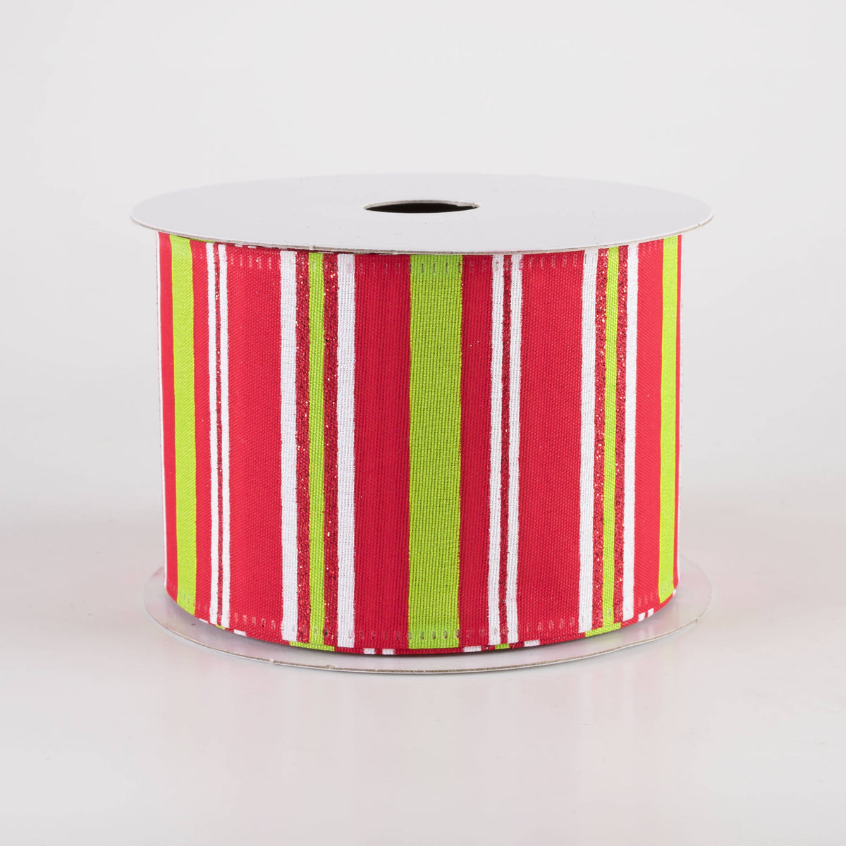2.5" Glittered Candy Stripes Ribbon: Red, Lime & White (10 Yards) Item Number: 76418-40-29