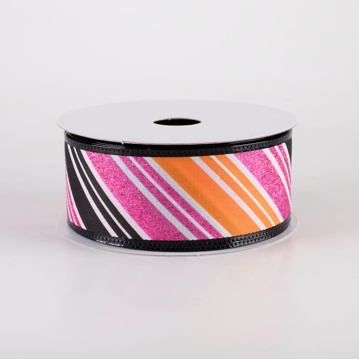 1.5" Glittered Diagonal Stripes Ribbon: Fuchsia Pink, Orange & Black (10 Yards) Item Number: 56425-09-03