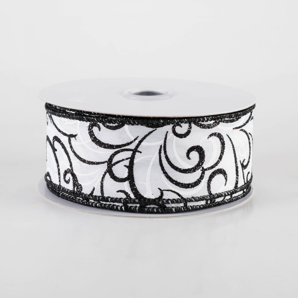 1.5" Glittered Multi Swirls Ribbon: Black on White (10 Yards) Item Number: RGF1322X6
