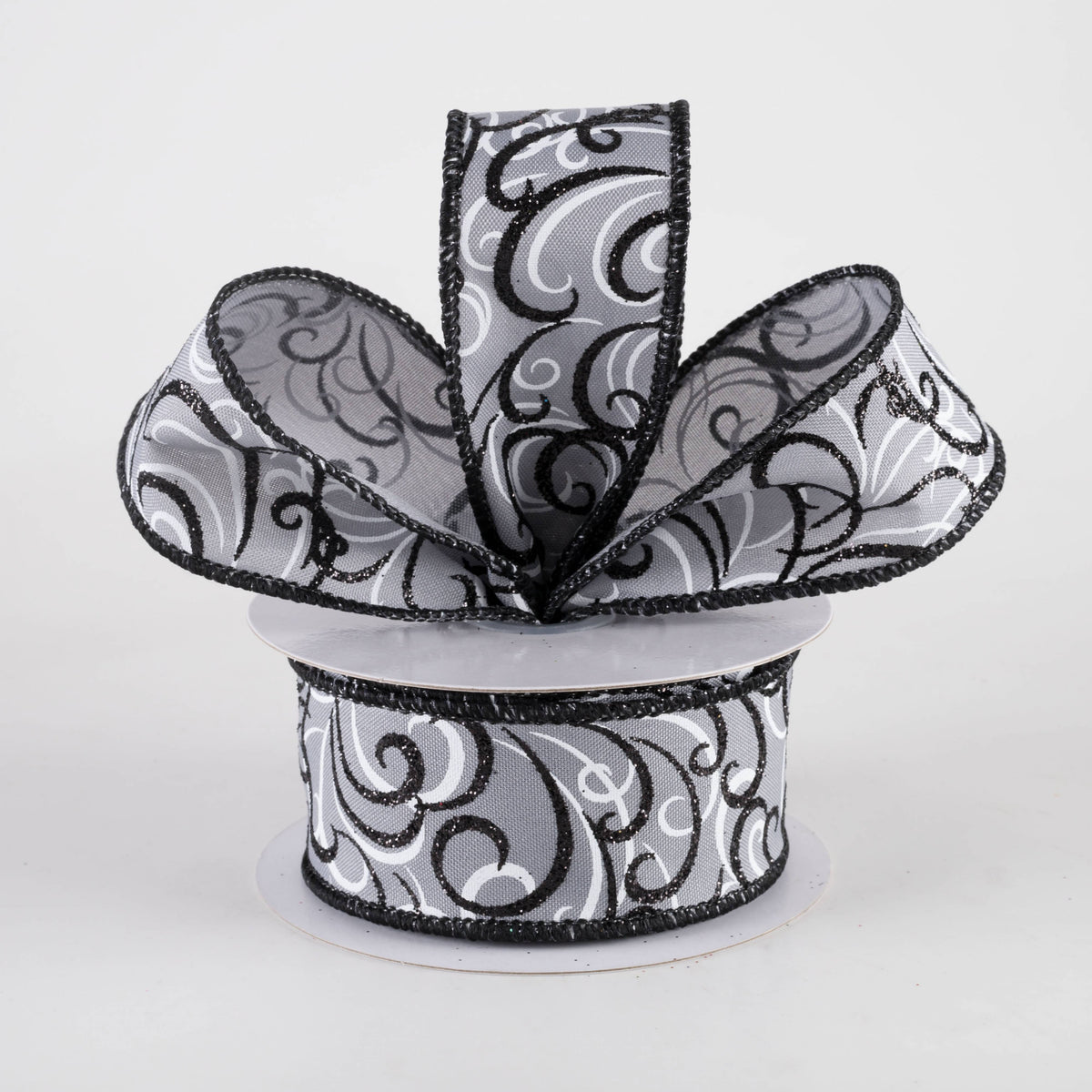 1.5" Glittered Multi Swirls Ribbon: Black & White on Grey (10 Yards) Lifestyle Photo
