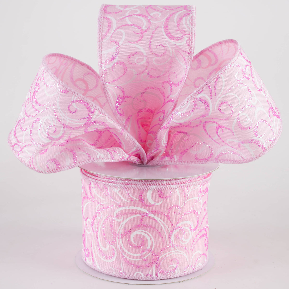 2.5" Glittered Multi Swirls Ribbon: Iridescent Pink & White on Pink (10 Yards) Lifestyle Photo