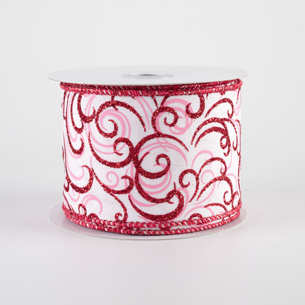 2.5" Glittered Multi Swirls Ribbon: Red & Pink on White (10 Yards) Item Number: RGF132327