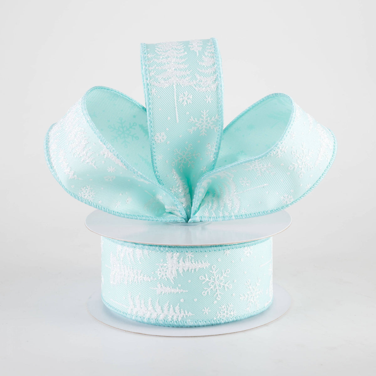 1.5" Glittered Pine Trees & Snowflakes Ribbon: Ice Blue (10 Yards) Lifestyle Photo