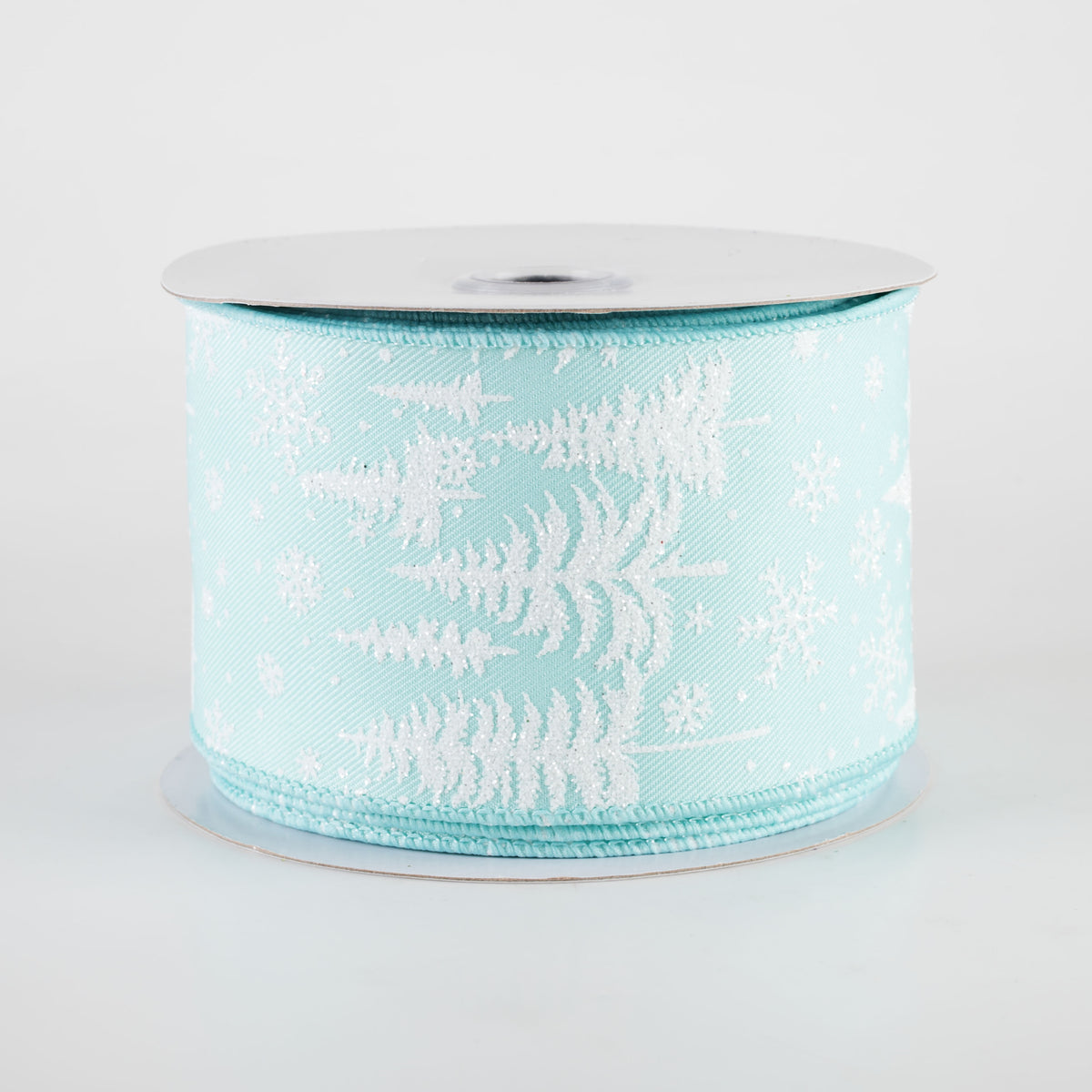 2.5" Glittered Pine Trees & Snowflakes Ribbon: Ice Blue (10 Yards)
