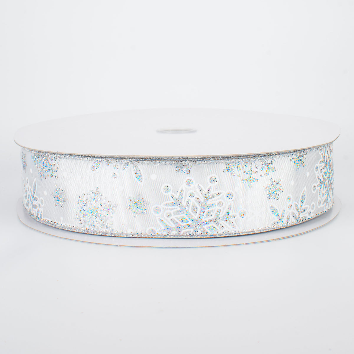 1.5" Glittered Snowflakes Ribbon: White & Silver (50 Yards)