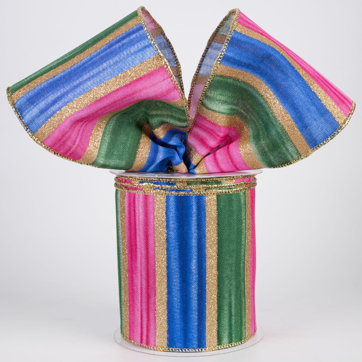 4" Glittered Watercolor Stripes Ribbon: Blue, Fuchsia, Green & Gold (10 Yards) Lifestyle Photo