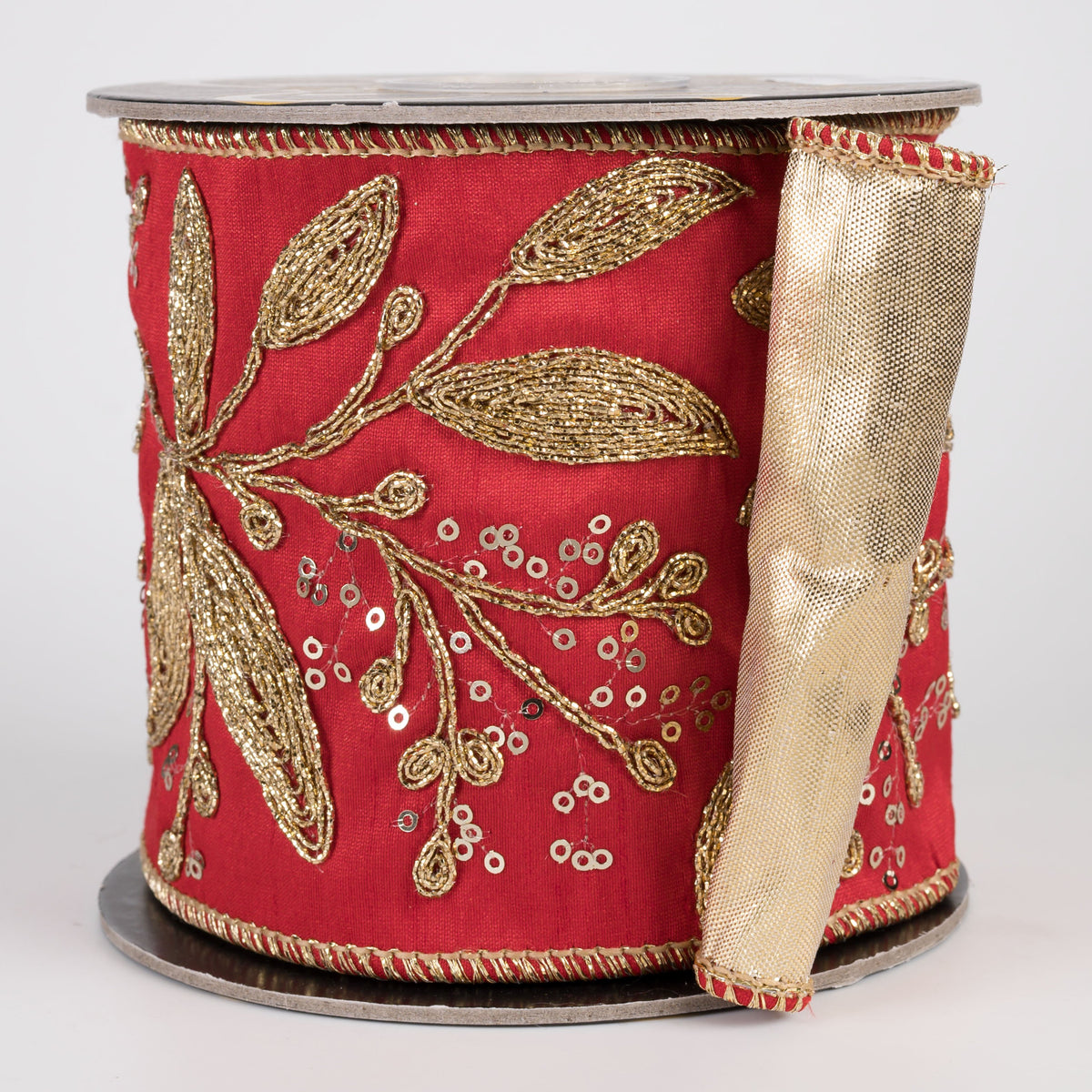 4" Gold Cord Leaf Embroidered Dupioni Ribbon with Metallic Back: Red & Gold (5 Yards) Item Number: RR0020