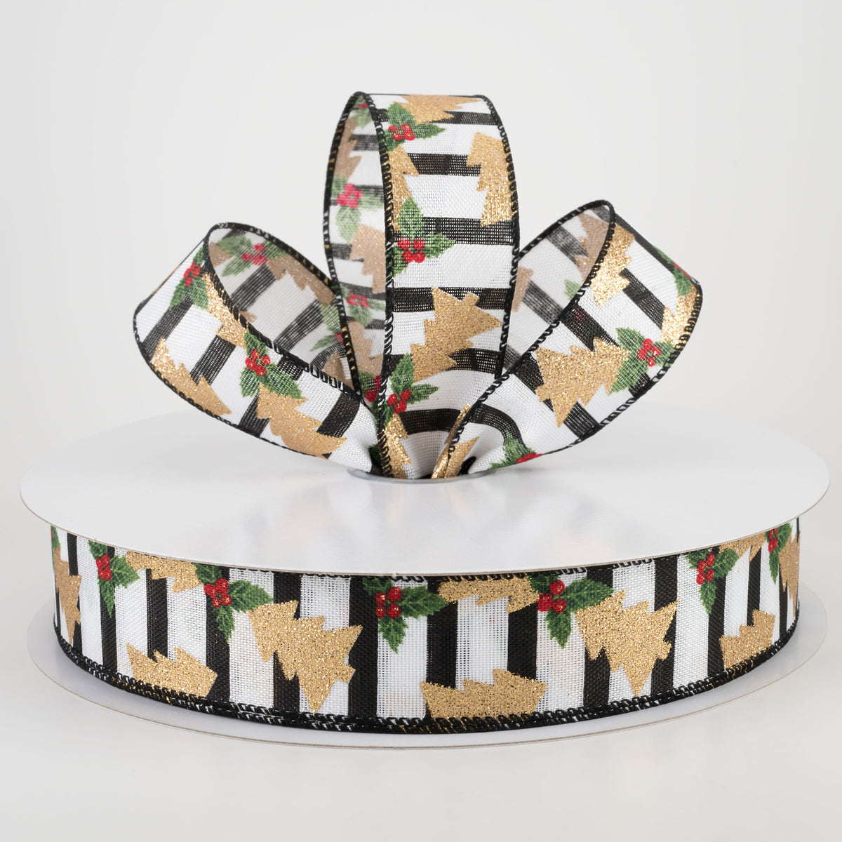 1.5" Gold Glitter Christmas Tree On Stripe Ribbon (50 Yards) Lifestyle Photo