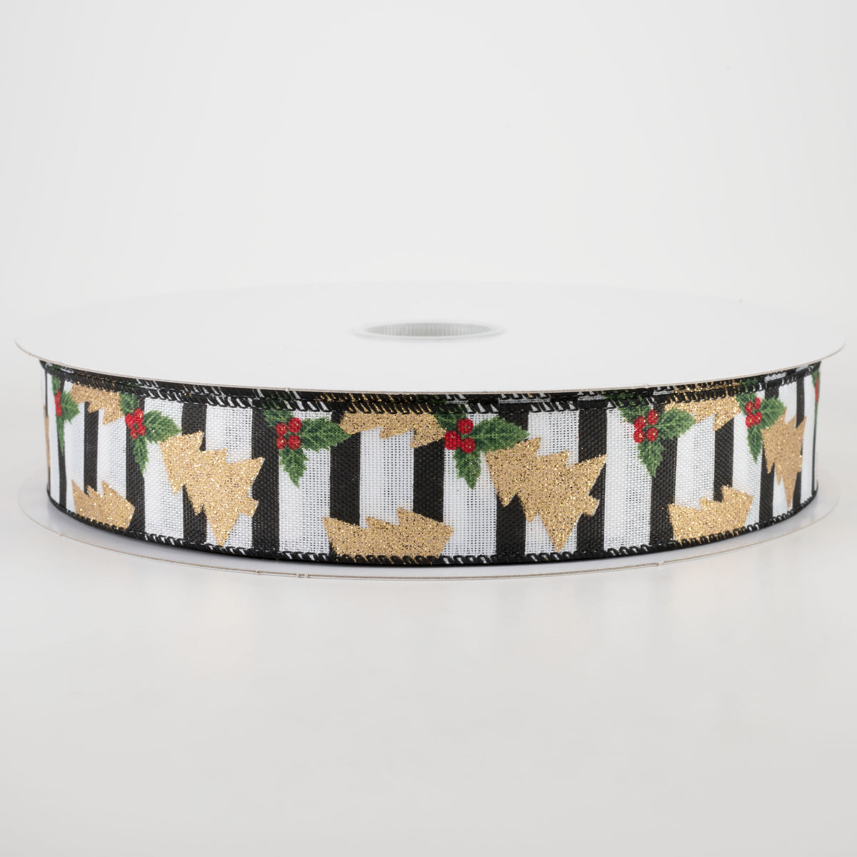 1.5" Gold Glitter Christmas Tree On Stripe Ribbon (50 Yards)