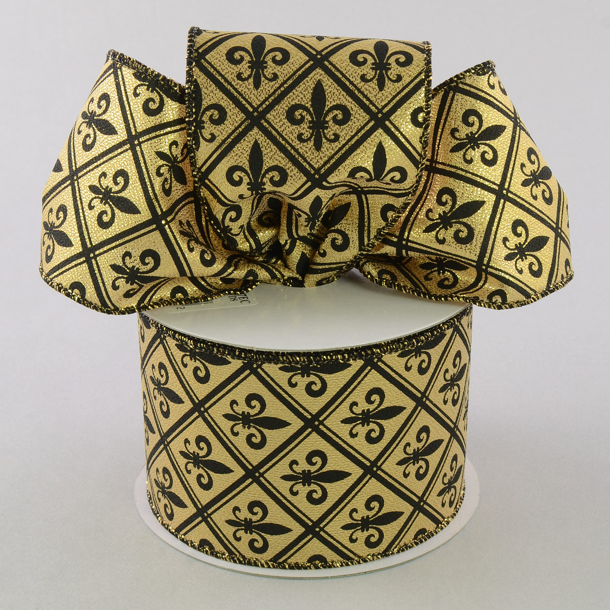 2.5" Gold Lamé Harlequin Fleur De Lis Ribbon: Black & Gold (10 Yards) Lifestyle Photo