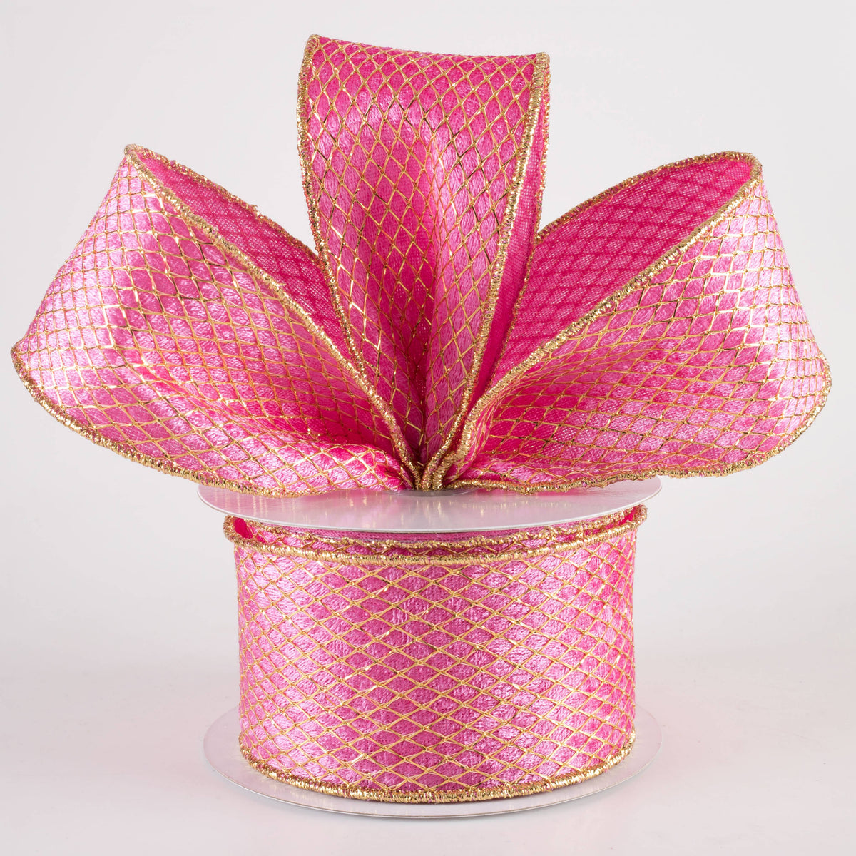 2.5" Gold Net Overlay Velvet Ribbon: Pink (10 Yards) Lifestyle Photo