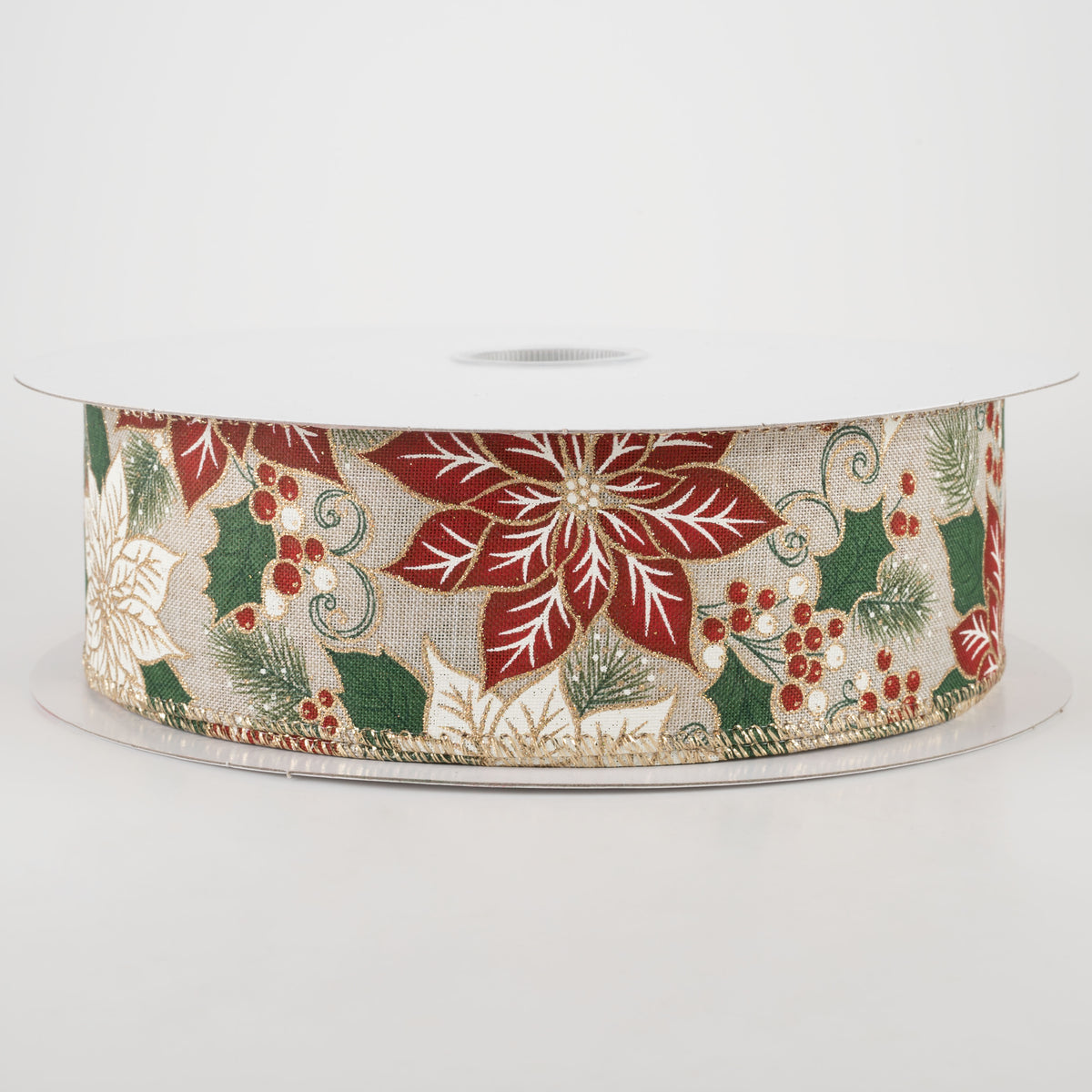 2.5" Golden Edge Poinsettia and Holly Ribbon (50 Yards)