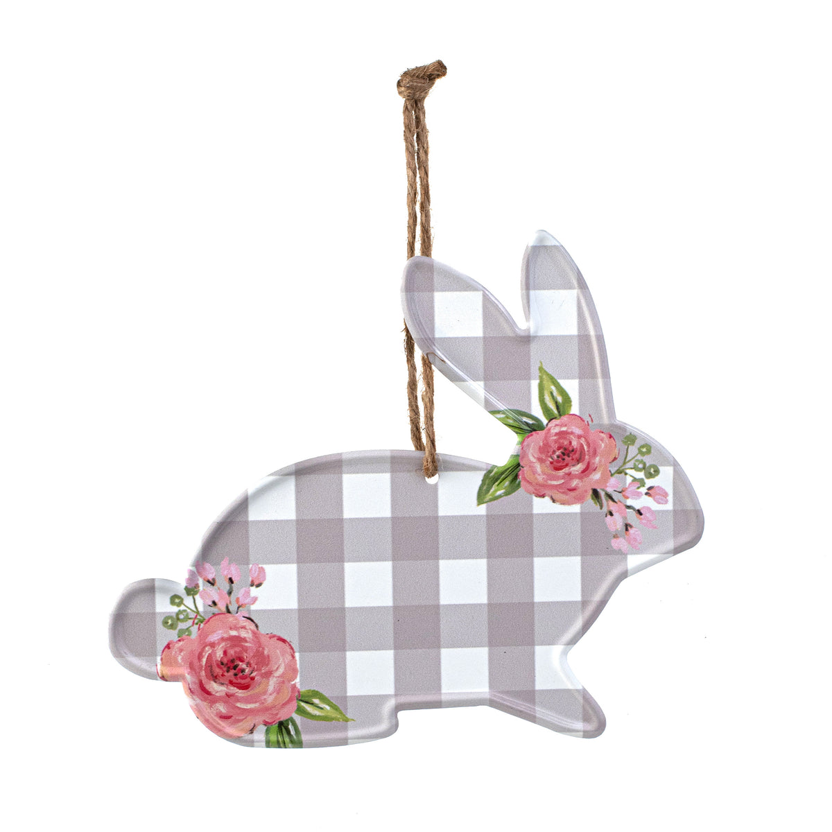 7" Grey Plaid Bunny Sign With Floral Blooms Item Number: 2010187