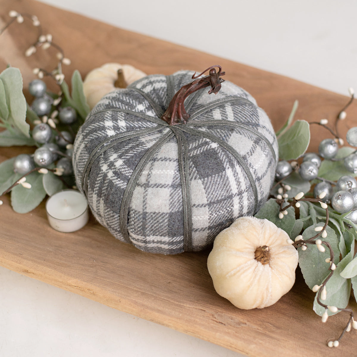6" Grey Plaid Fabric Pumpkin Lifestyle Photo