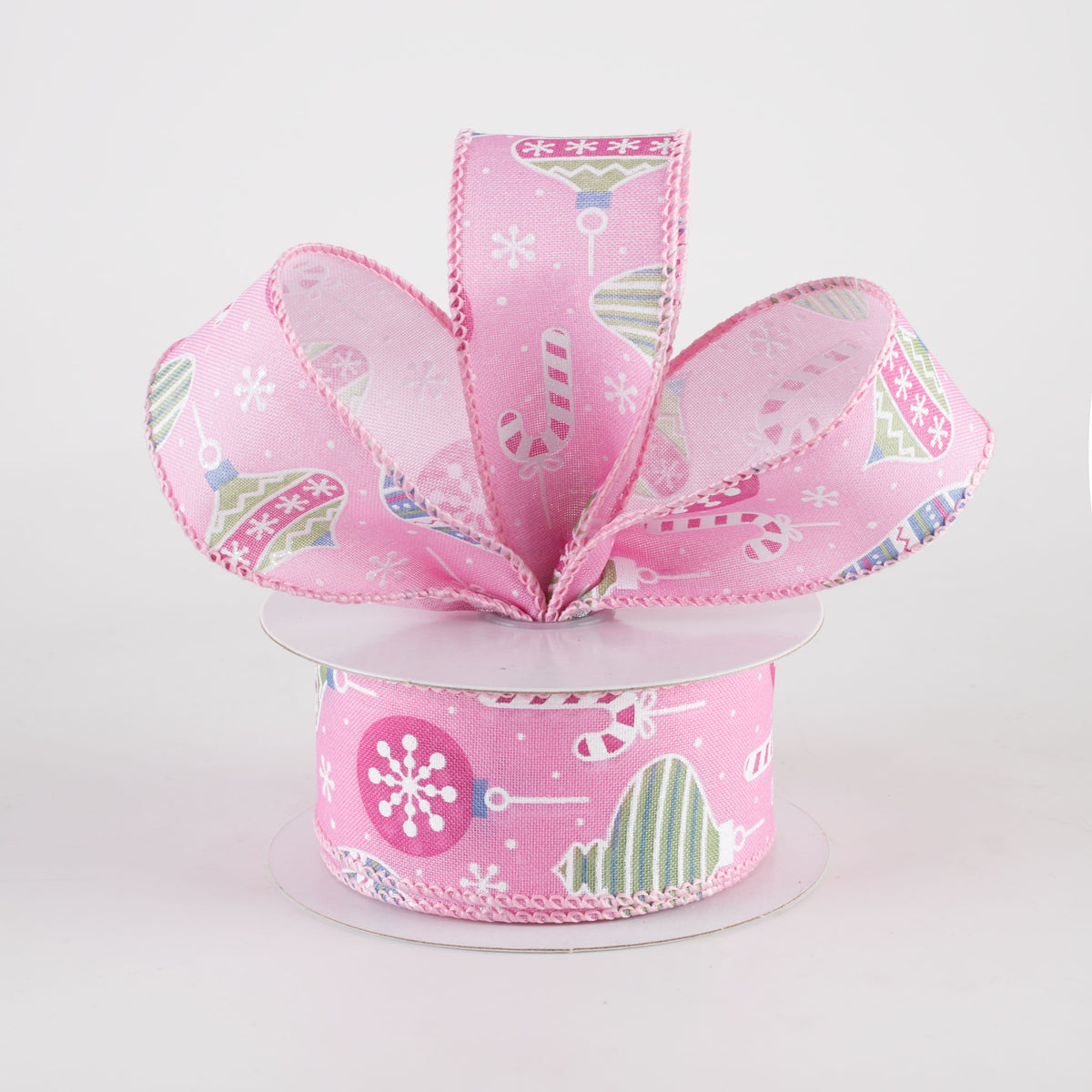 1.5" Hanging Christmas Ornaments Ribbon: Mint on Pink (10 Yards) Lifestyle Photo
