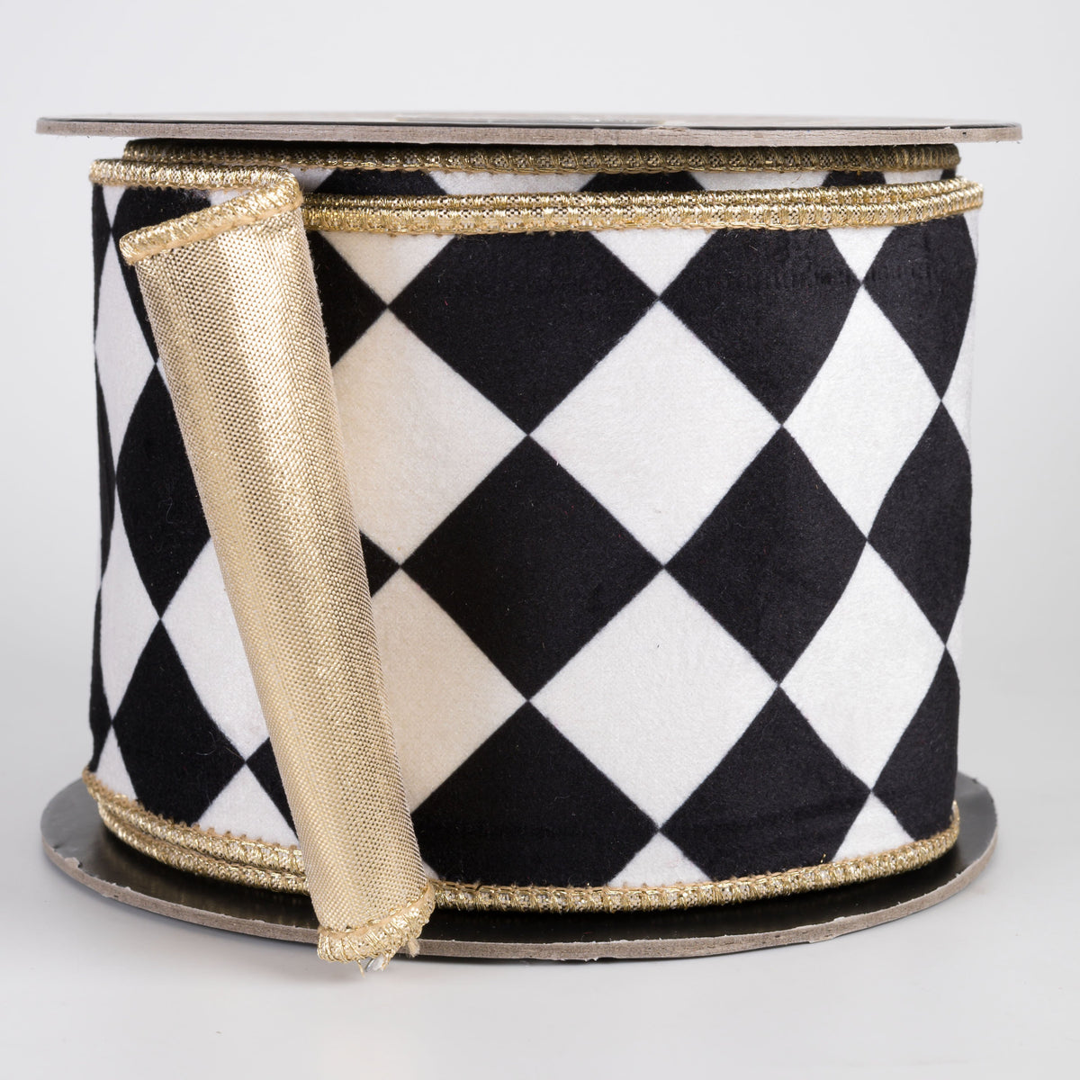 4" Harlequin Diamond Velvet & Metallic Dupioni Fused Ribbon: Black, White & Gold (10 Yards) Item Number: RR0082