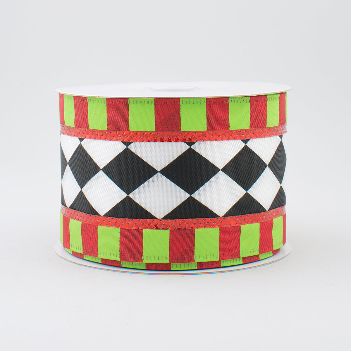 2.5" Harlequin & Stripes Ribbon: Lime, Red, Black & White (10 Yards)